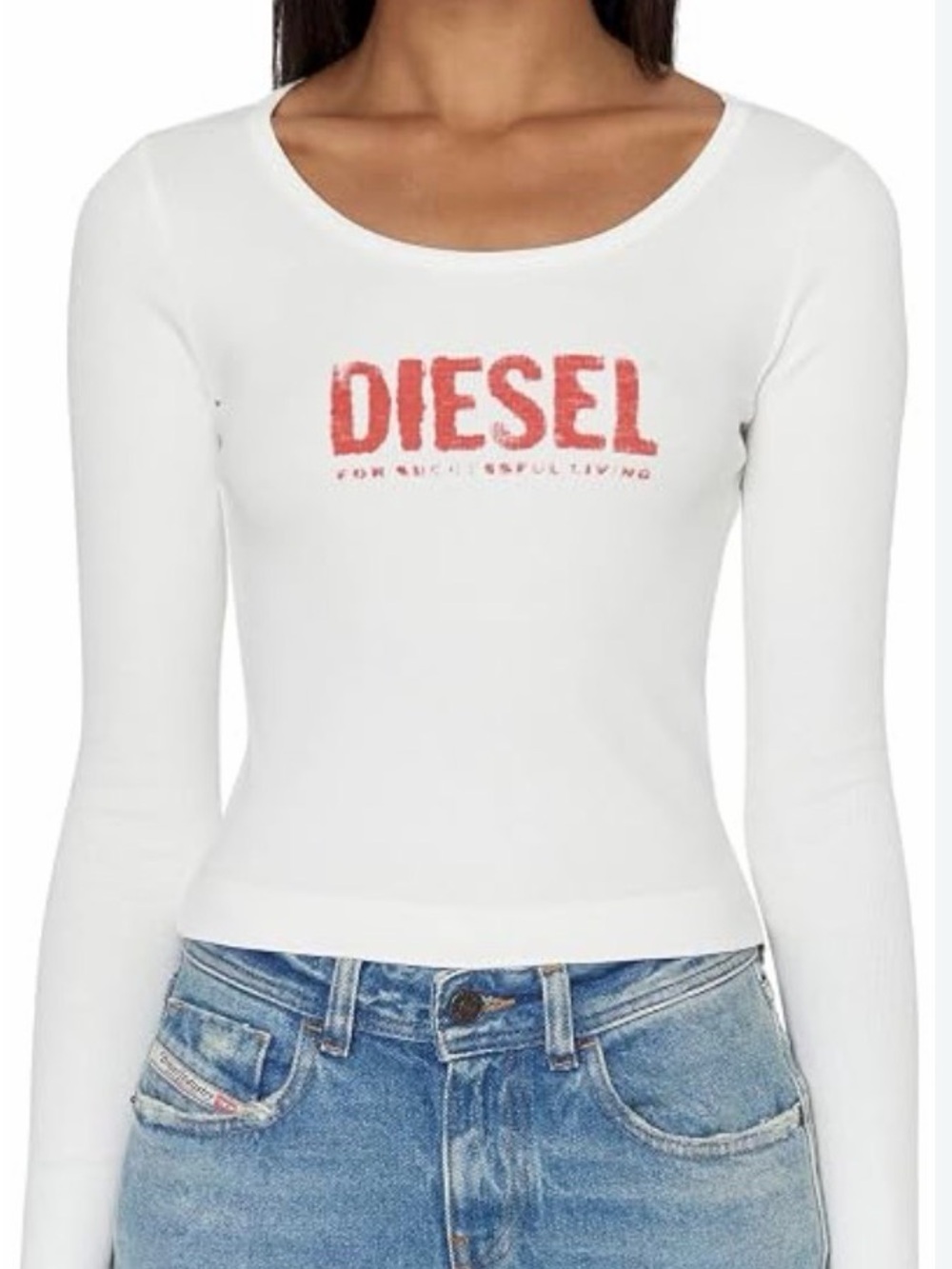 Diesel White Long-Sleeve Scoop Neck Tee with Red Logo